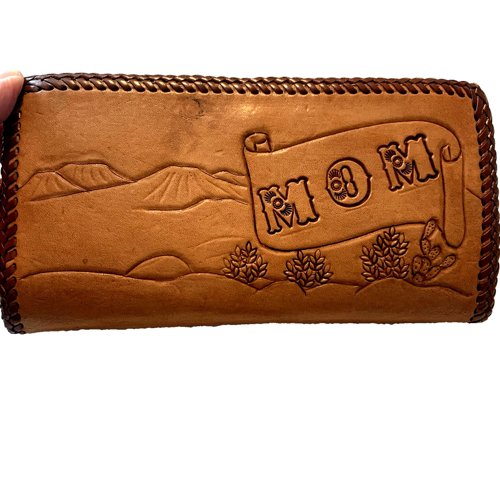 Vintage Hand-tooled Leather Women’s Wallet Clutch Dbl Kiss-lock Closure “MOM” - Picture 3 of 10